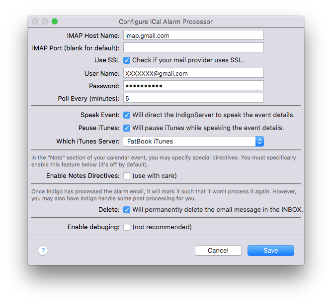 iCal Configuration Window Image