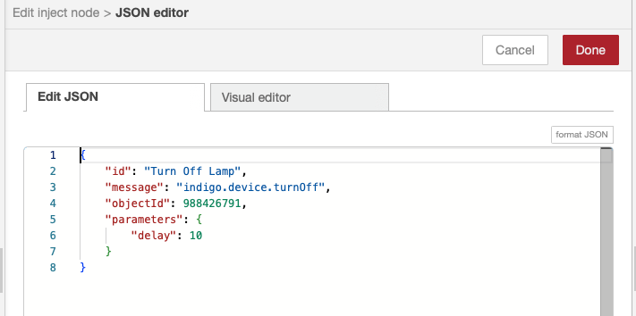 Node Red Inject Node Turn Off JSON Image