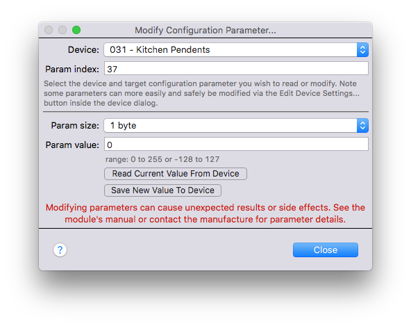 Z-Wave Dialog Modify Configuration Parameters Image